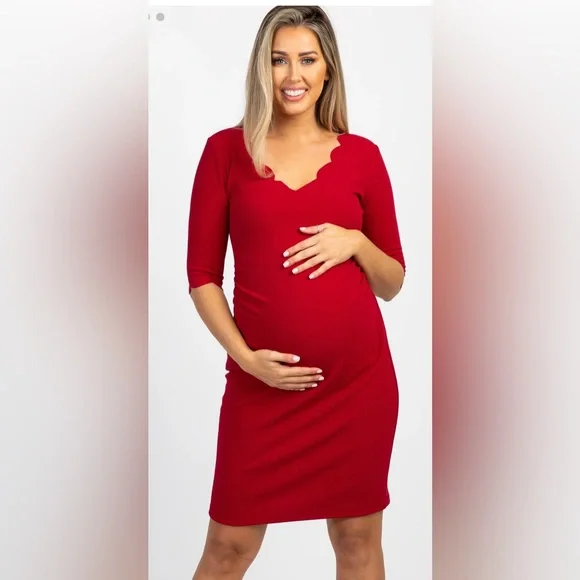 Red Solid Scalloped Trim Fitted Maternity Dress
